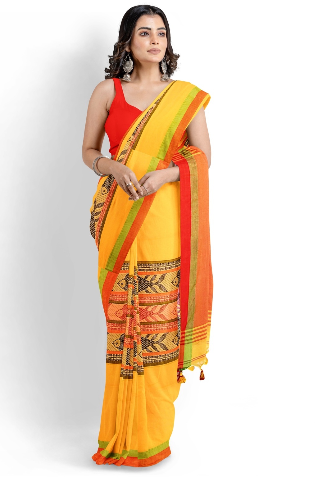 Yellow Red Pure Cotton Marine Hand Loom Saree (1279)